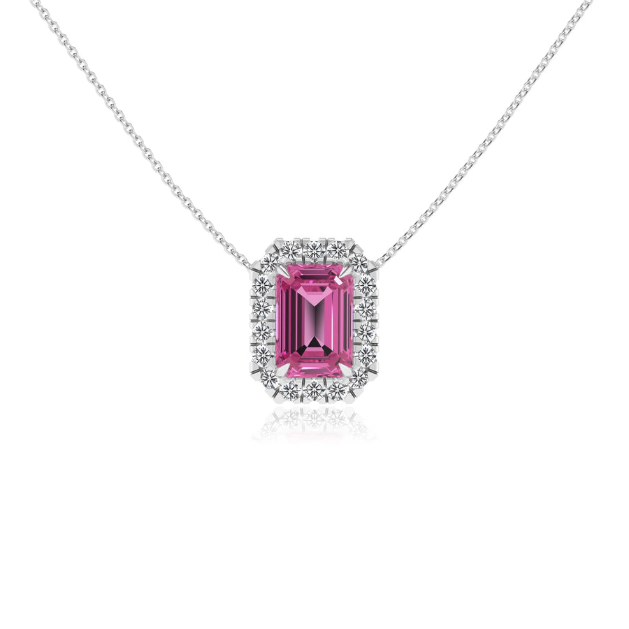 lab grown pink sapphire emerald cut solitaire necklaces in sterling silver 