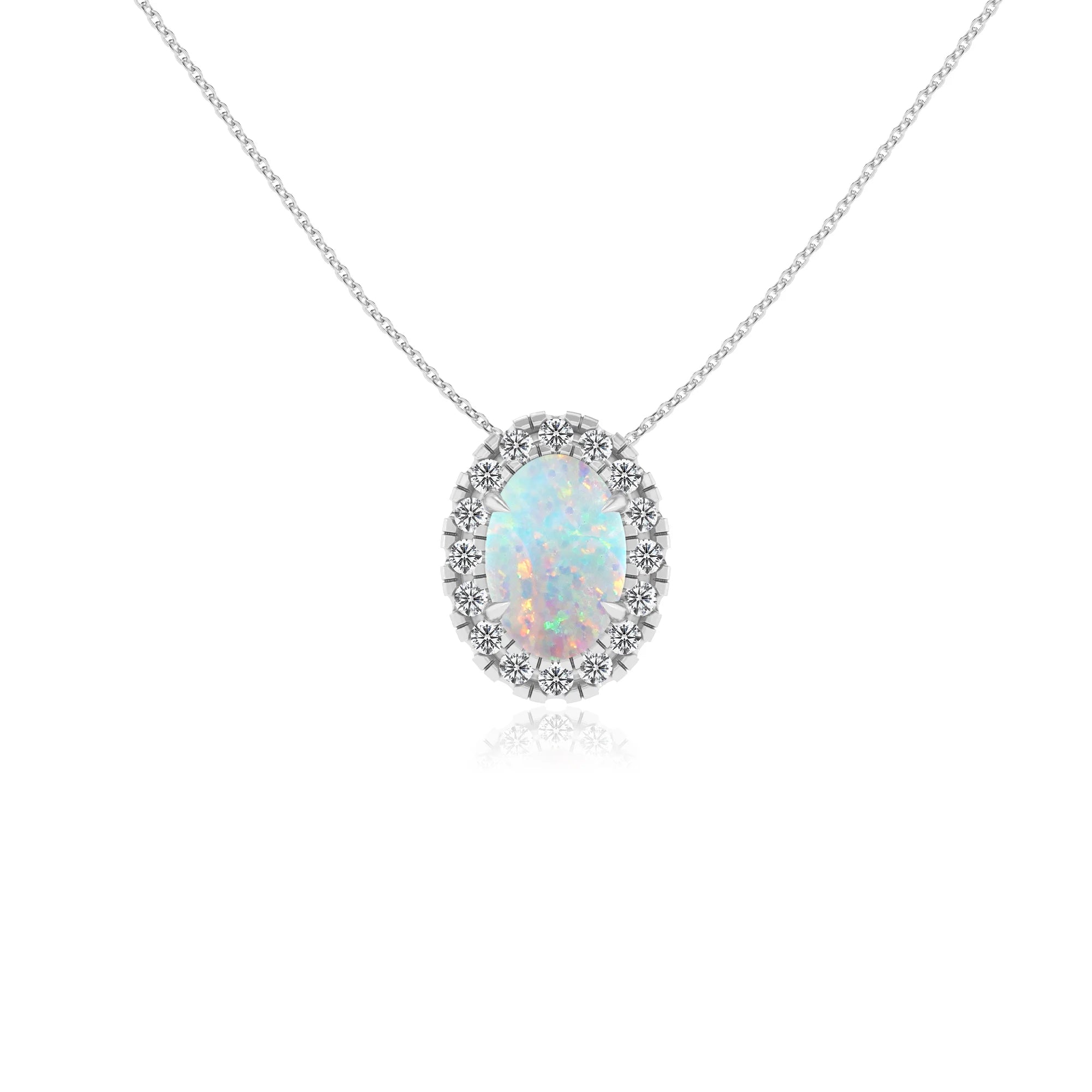 lab grown opal oval solitaire necklaces in white gold 