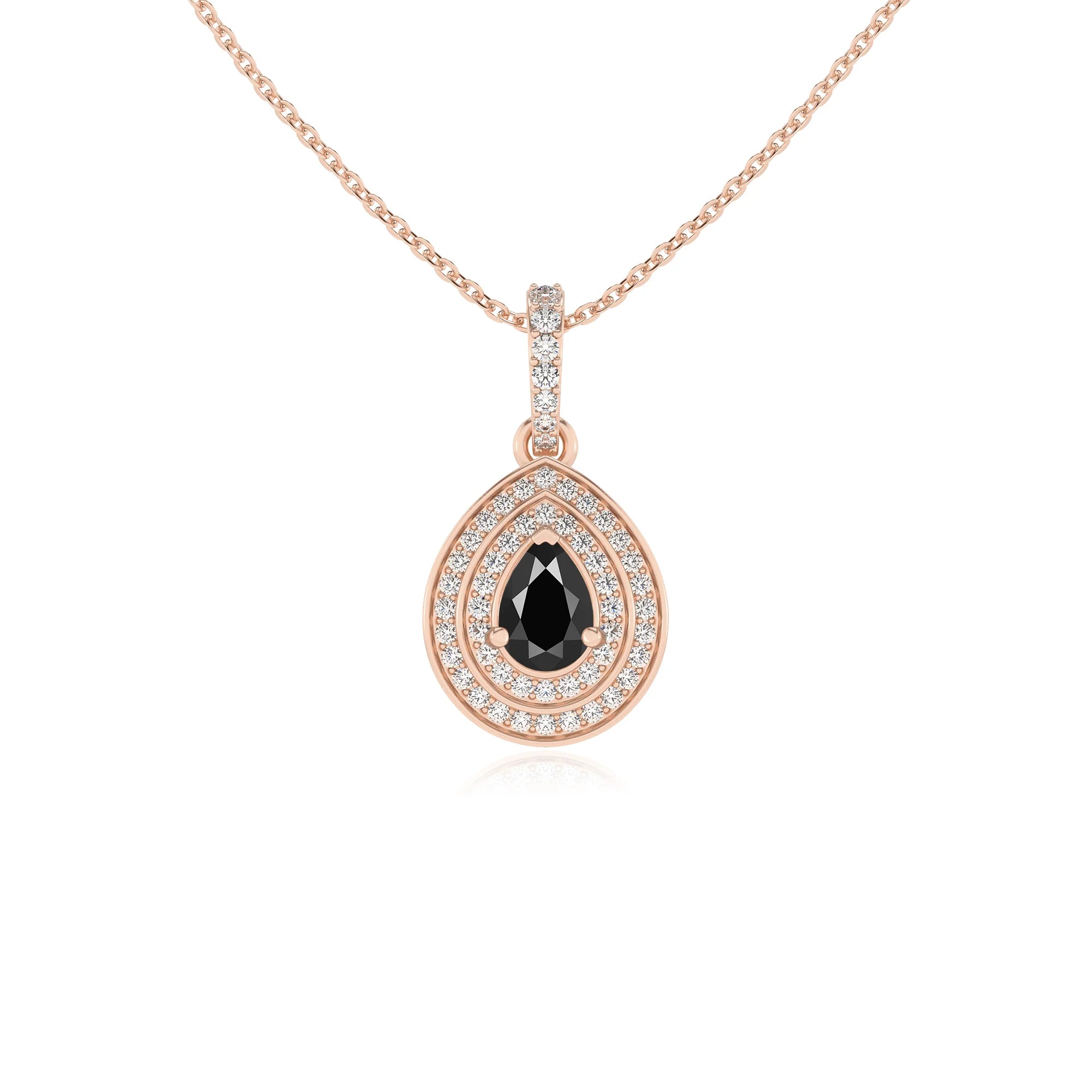 natural black-onyx pear halo necklaces in rose gold 