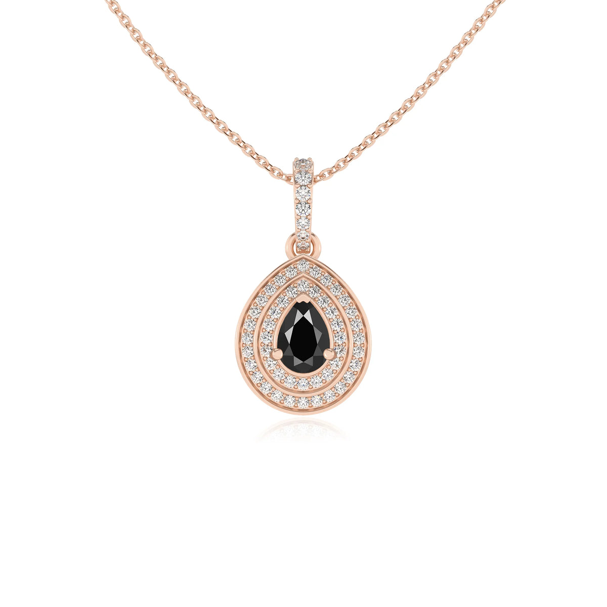 natural black-onyx pear halo necklaces in rose gold 