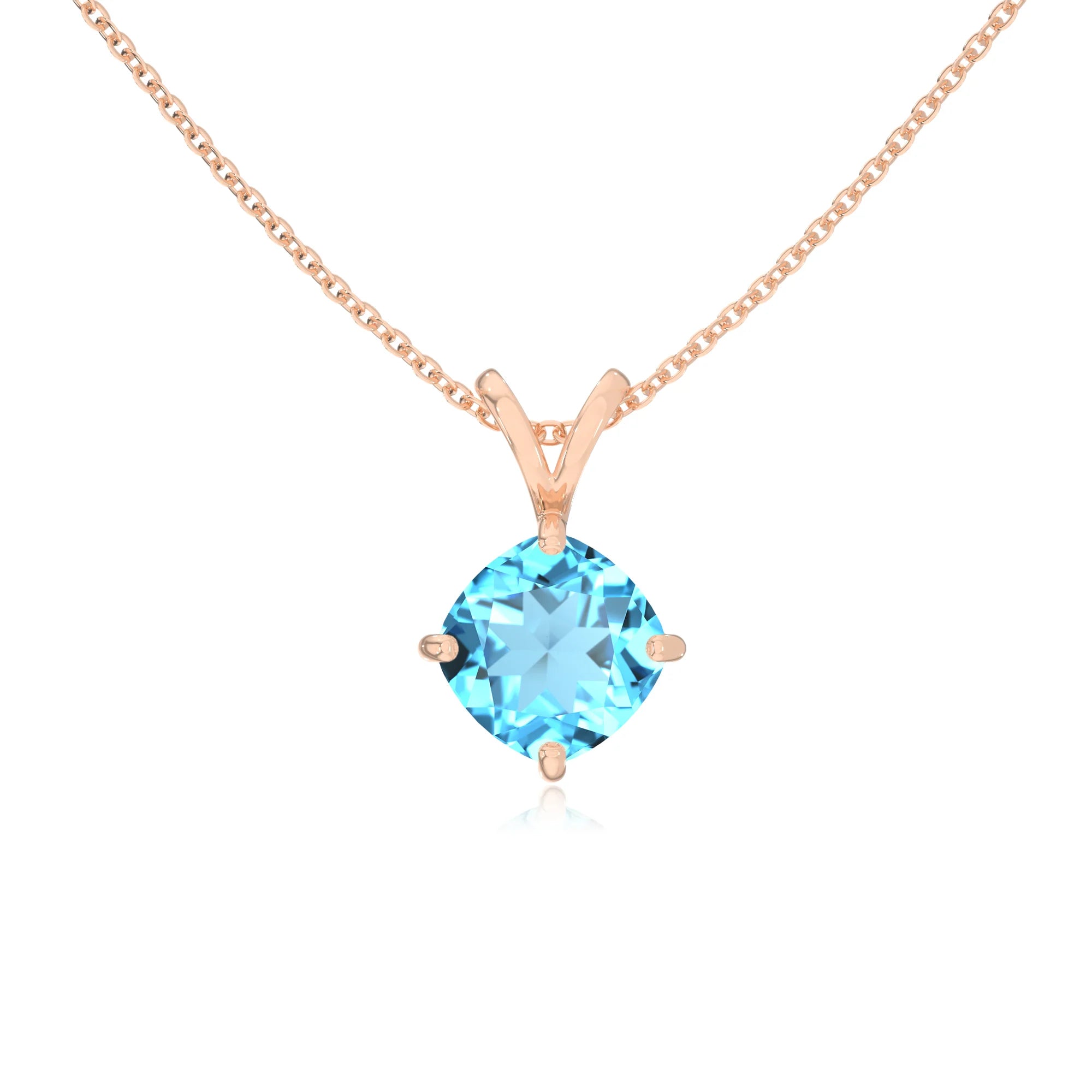 natural swiss-blue-topaz cushion solitaire v-bale necklaces in rose gold 