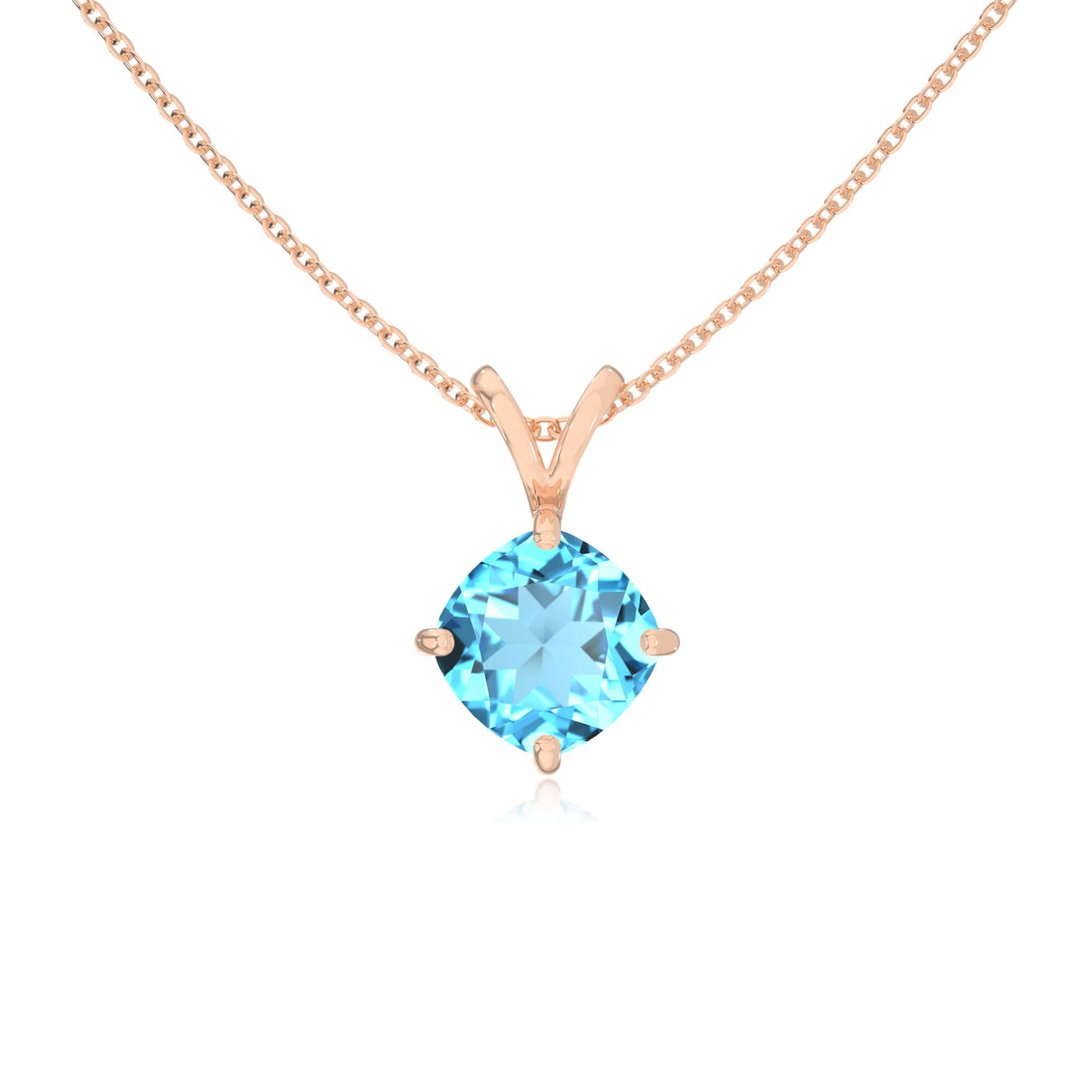 natural swiss-blue-topaz cushion solitaire v-bale necklaces in rose gold 