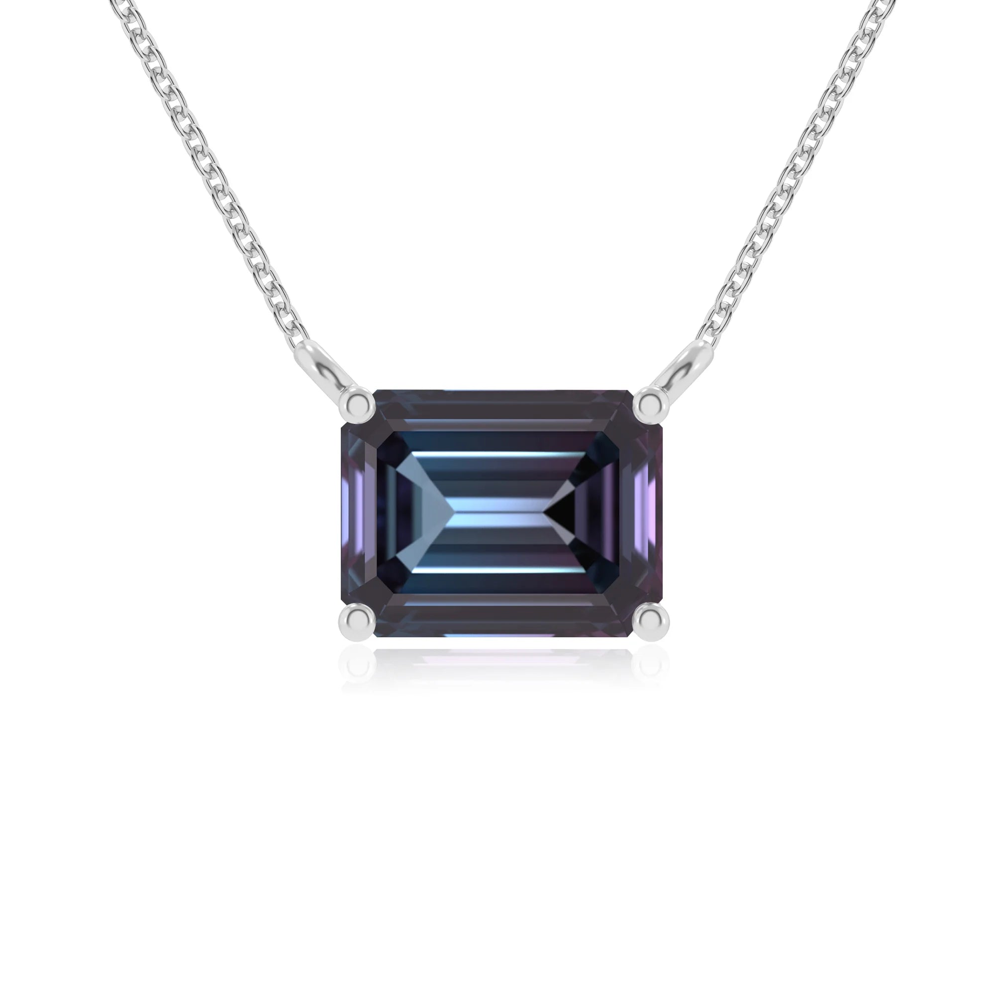 lab grown alexandrite emerald cut solitaire necklaces in white gold 