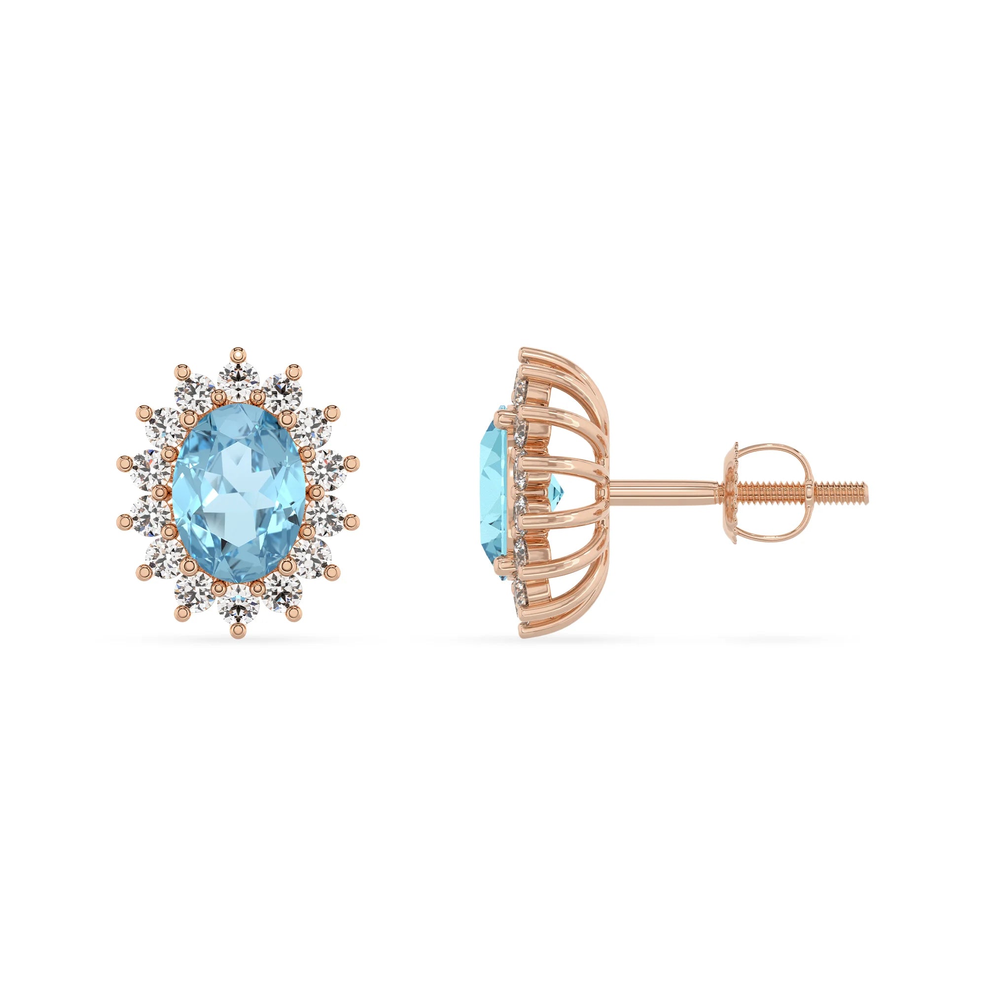 lab grown aquamarine oval stud earrings in rose gold 