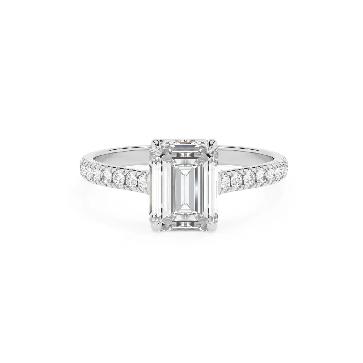 lab grown moissanite emerald cut half eternity solitaire engagement rings in white gold 