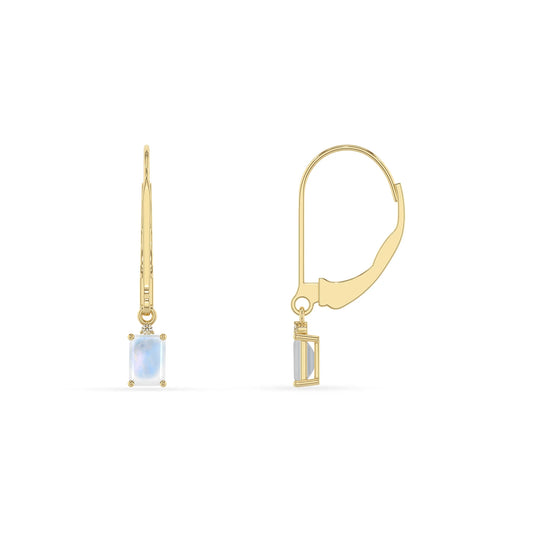 natural rainbow moonstone emerald cut drop earrings in yellow gold 