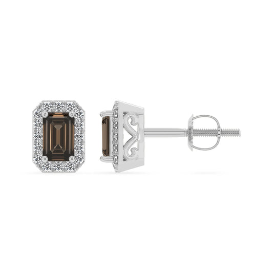 natural smoky quartz emerald cut stud earrings in platinum 