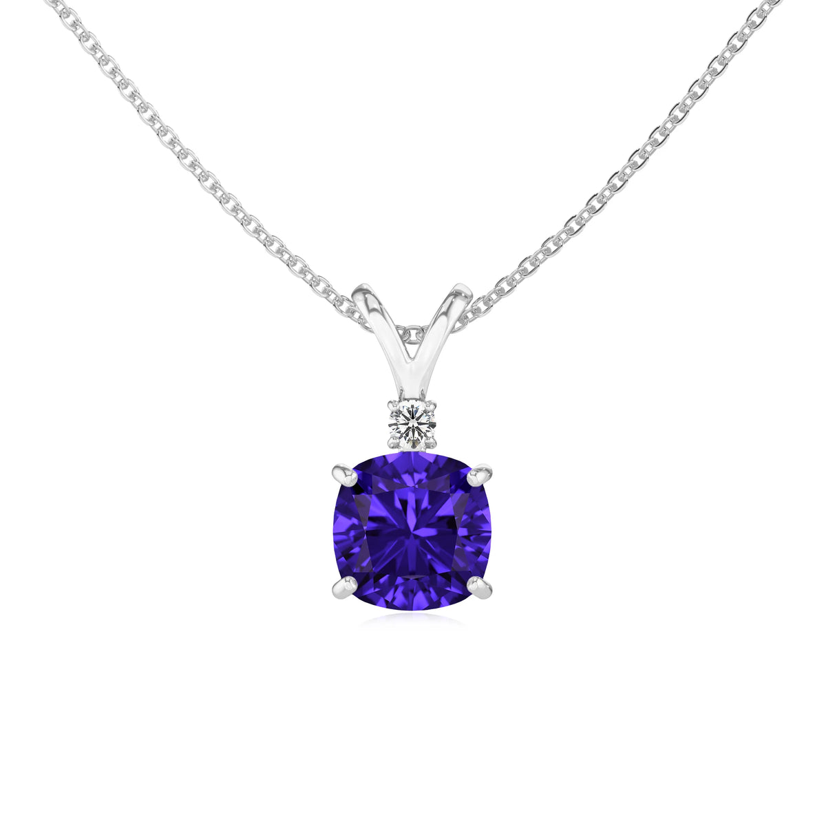 lab grown tanzanite cushion solitaire v-bale necklaces in sterling silver 