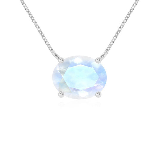 natural rainbow-moonstone oval solitaire necklaces in white gold 