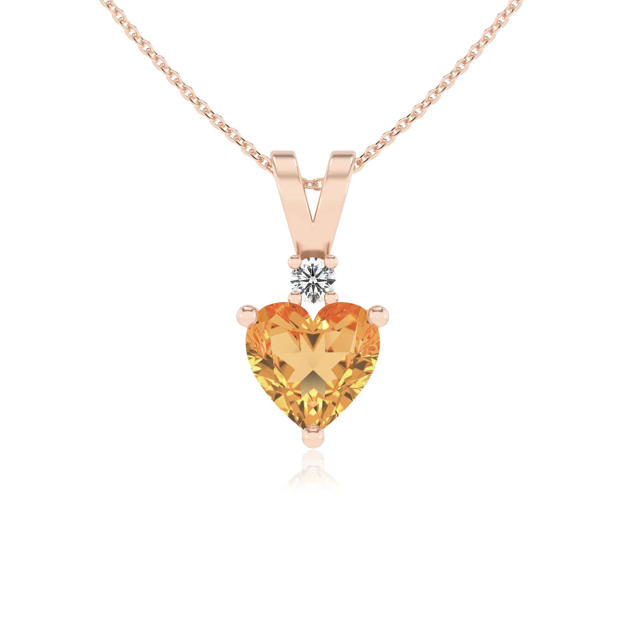 lab grown citrine heart solitaire v-bale necklaces in rose gold 