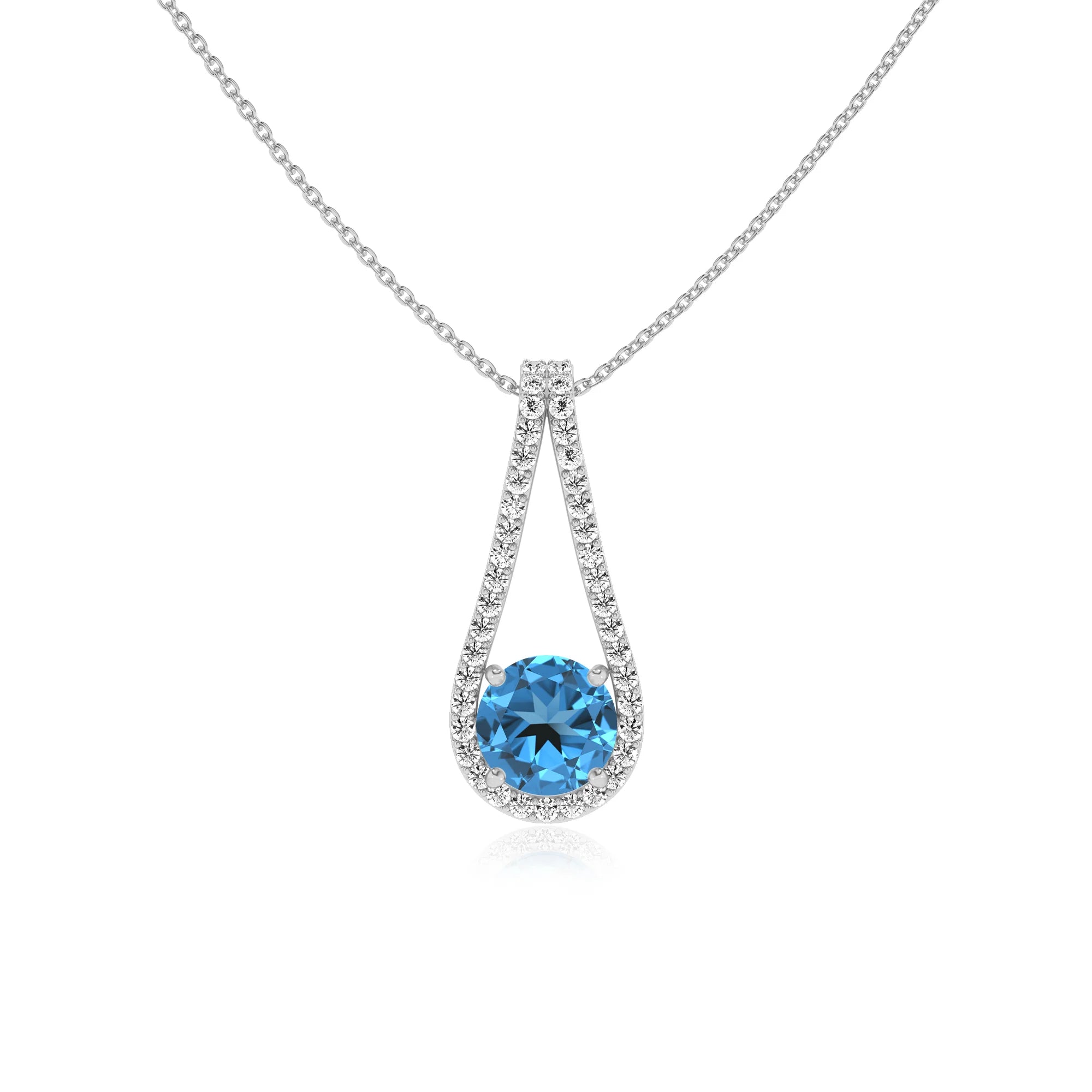 natural swiss-blue-topaz round solitaire v-bale necklaces in platinum 