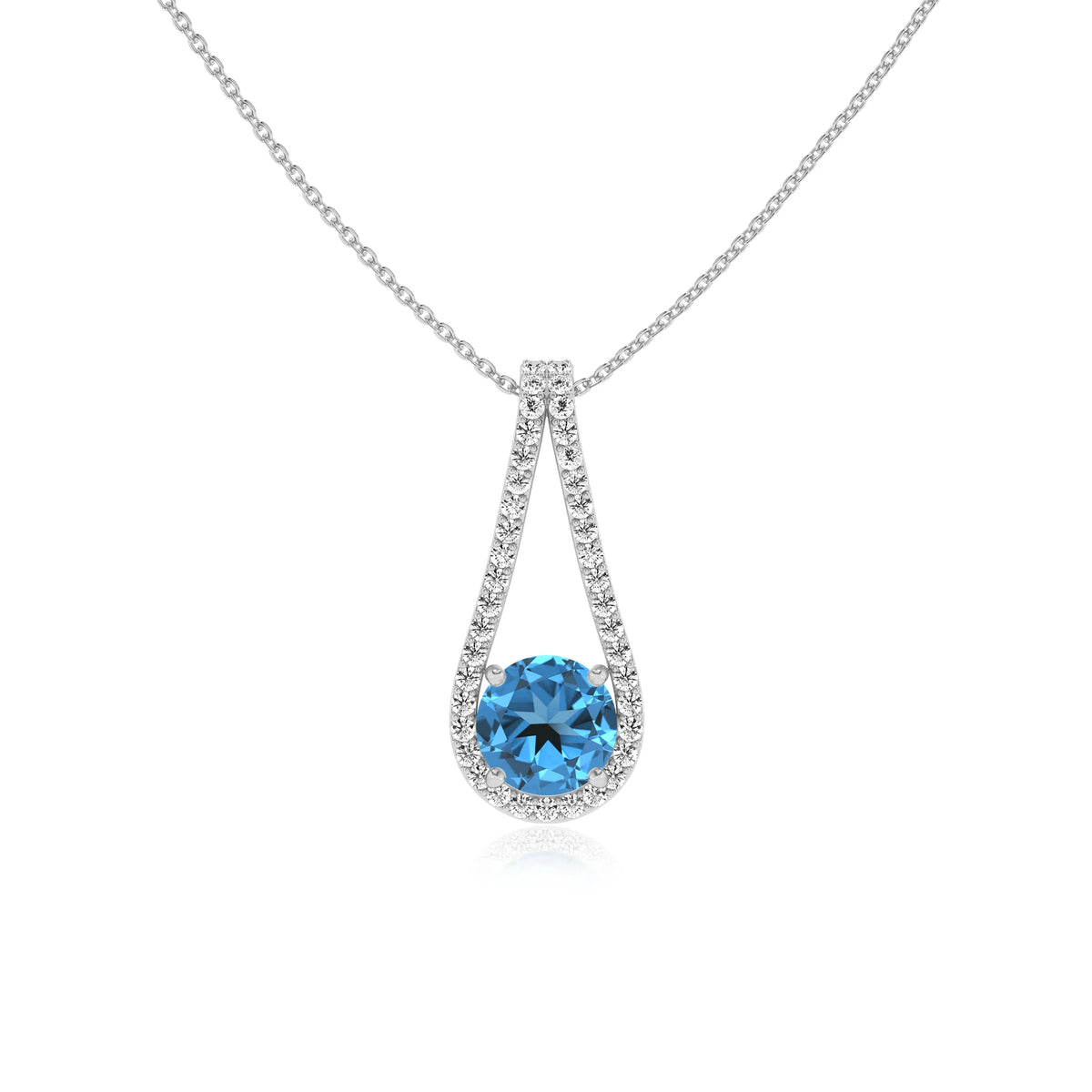natural swiss-blue-topaz round solitaire v-bale necklaces in platinum 