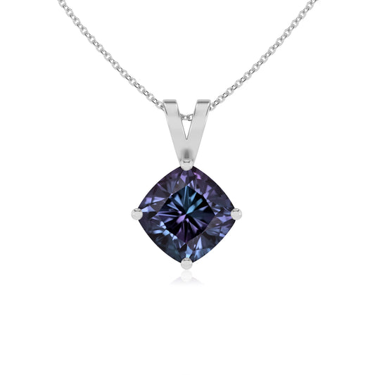 lab grown alexandrite cushion solitaire v-bale necklaces in platinum 