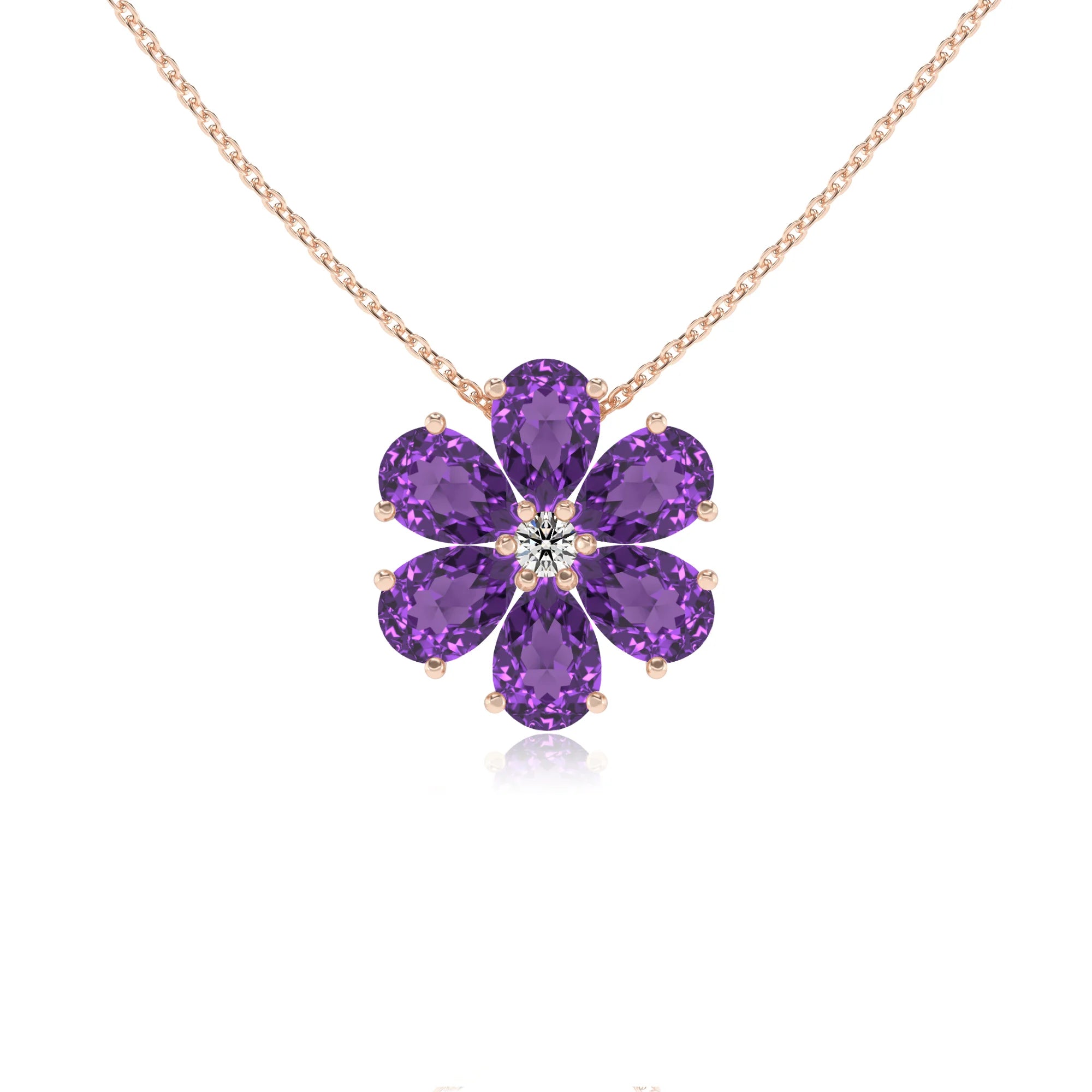 lab grown amethyst pear solitaire necklaces in rose gold 