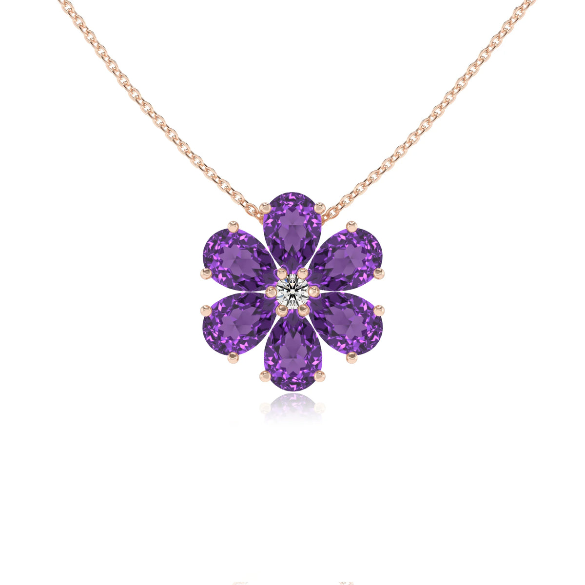 lab grown amethyst pear solitaire necklaces in rose gold 