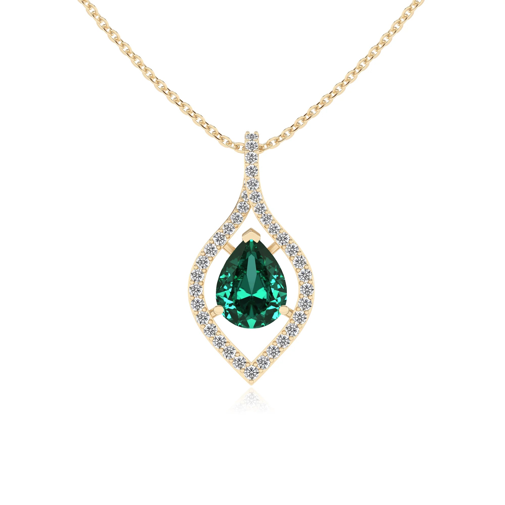 lab grown emerald pear infinity necklaces in yellow gold 