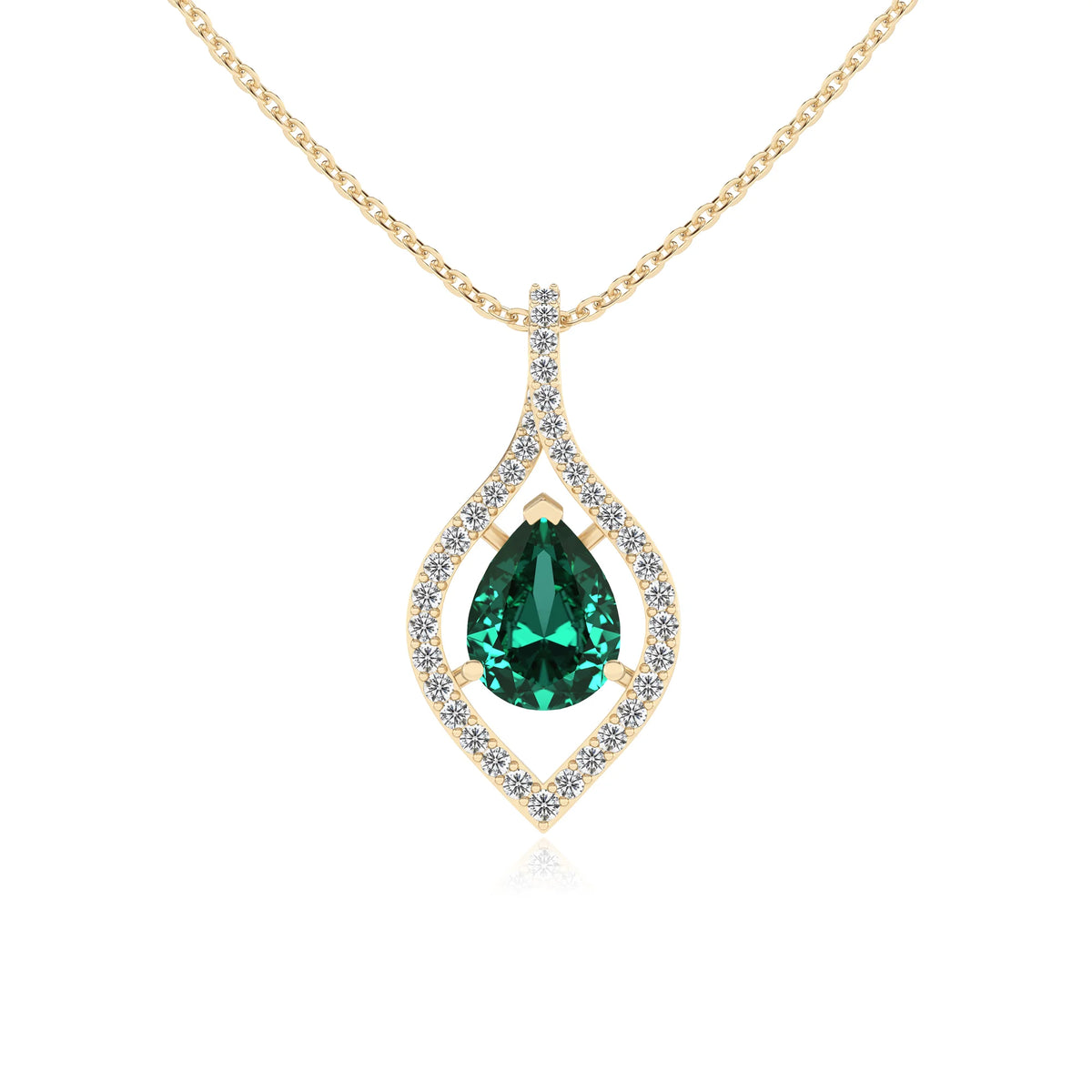 lab grown emerald pear infinity necklaces in yellow gold 