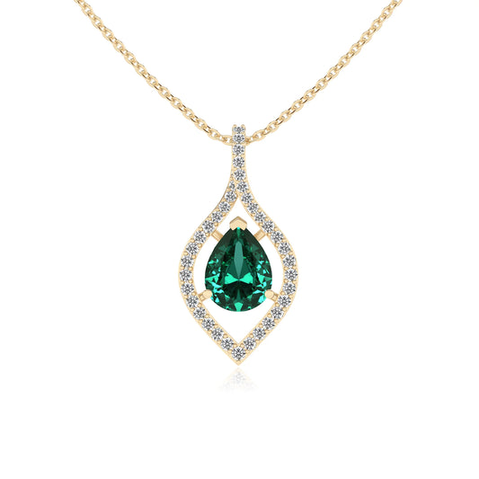 lab grown emerald pear infinity necklaces in yellow gold 