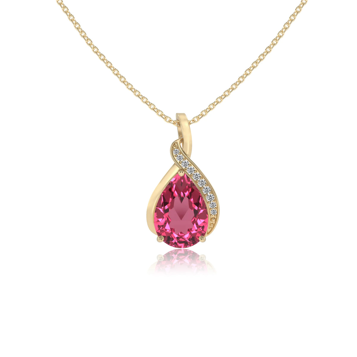 lab grown pink-tourmaline pear solitaire necklaces in yellow gold 