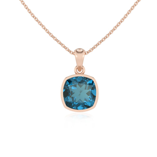 natural london-blue-topaz cushion solitaire necklaces in rose gold 