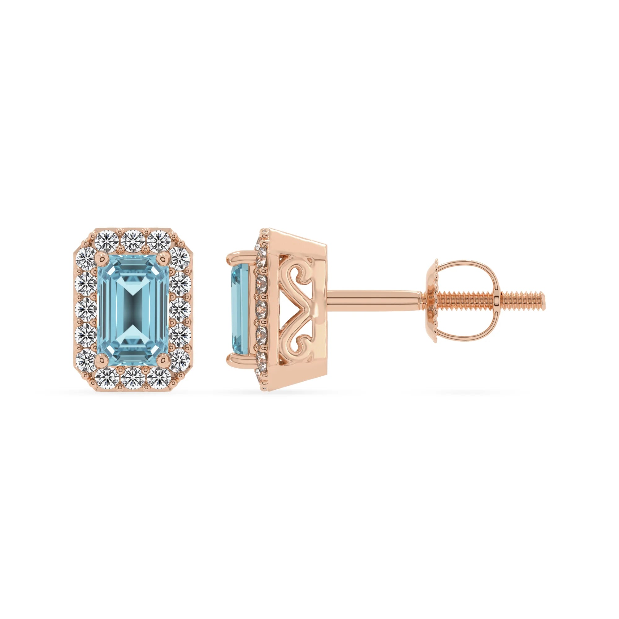 lab grown aquamarine emerald cut stud earrings in rose gold 