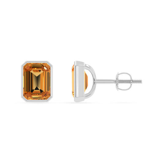 Lab Grown Citrine Emerald-Cut Solitaire Stud Earrings