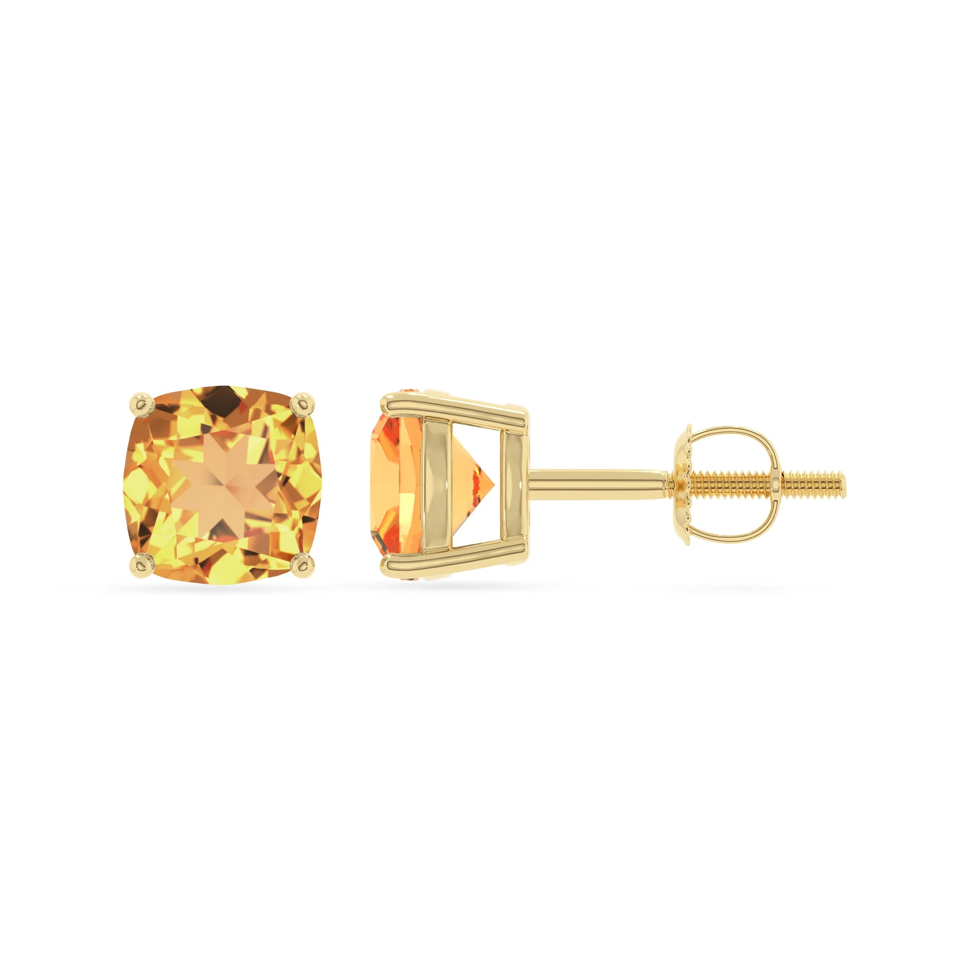 lab grown citrine cushion stud earrings in yellow gold 