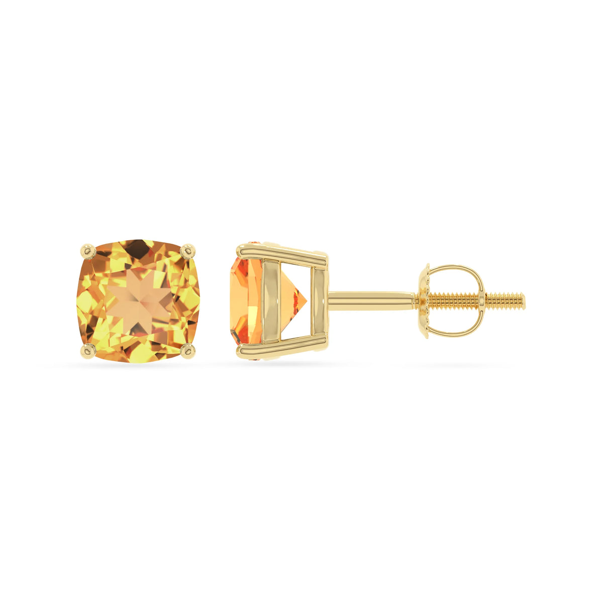 lab grown citrine cushion stud earrings in yellow gold 