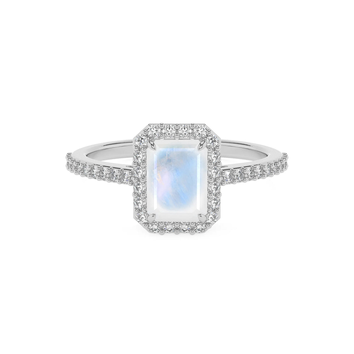 natural rainbow-moonstone emerald cut solitaire rings in platinum 