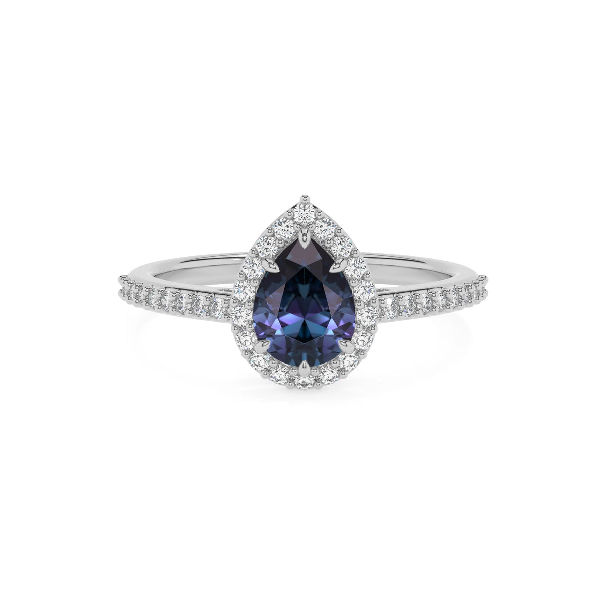 lab grown alexandrite pear solitaire rings in white gold 