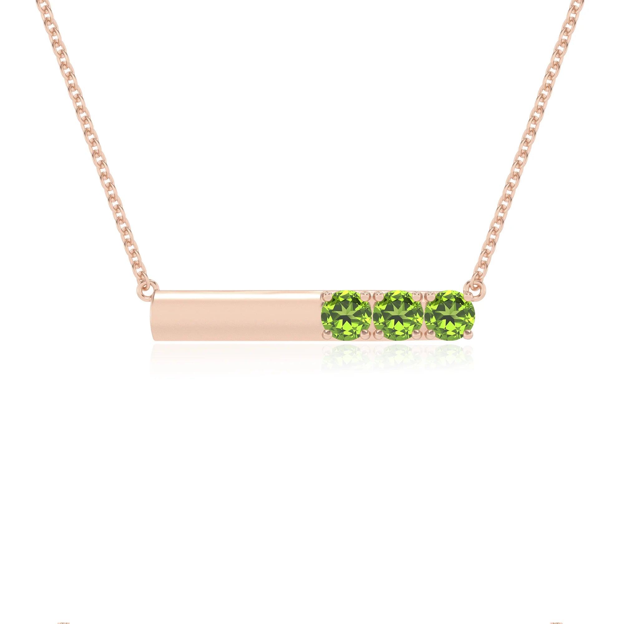 natural peridot round bar v-bale necklaces in rose gold 