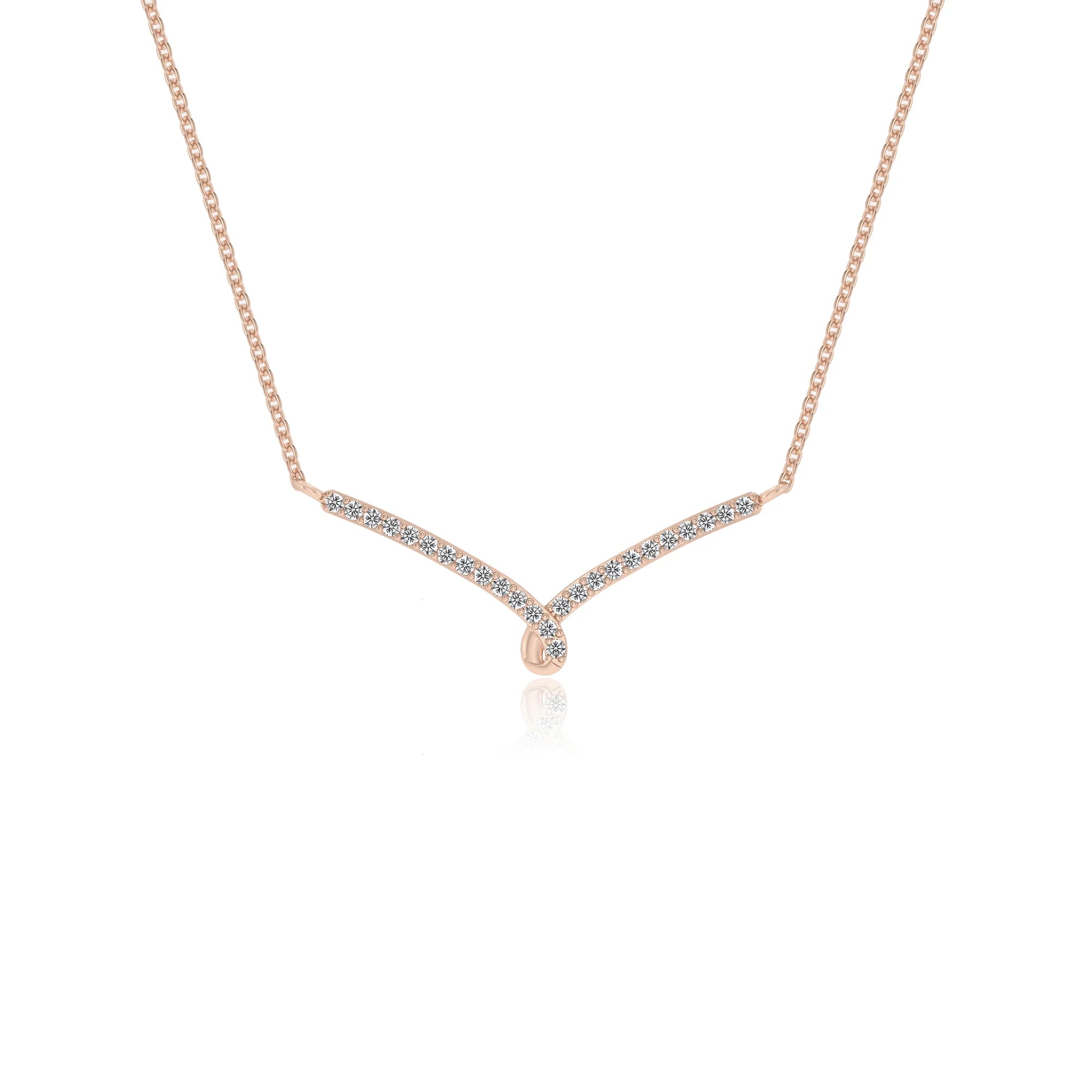 lab grown moissanite round bar v-bale necklaces in rose gold 