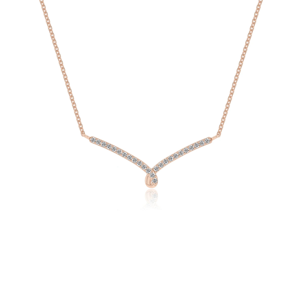 lab grown moissanite round bar v-bale necklaces in rose gold 