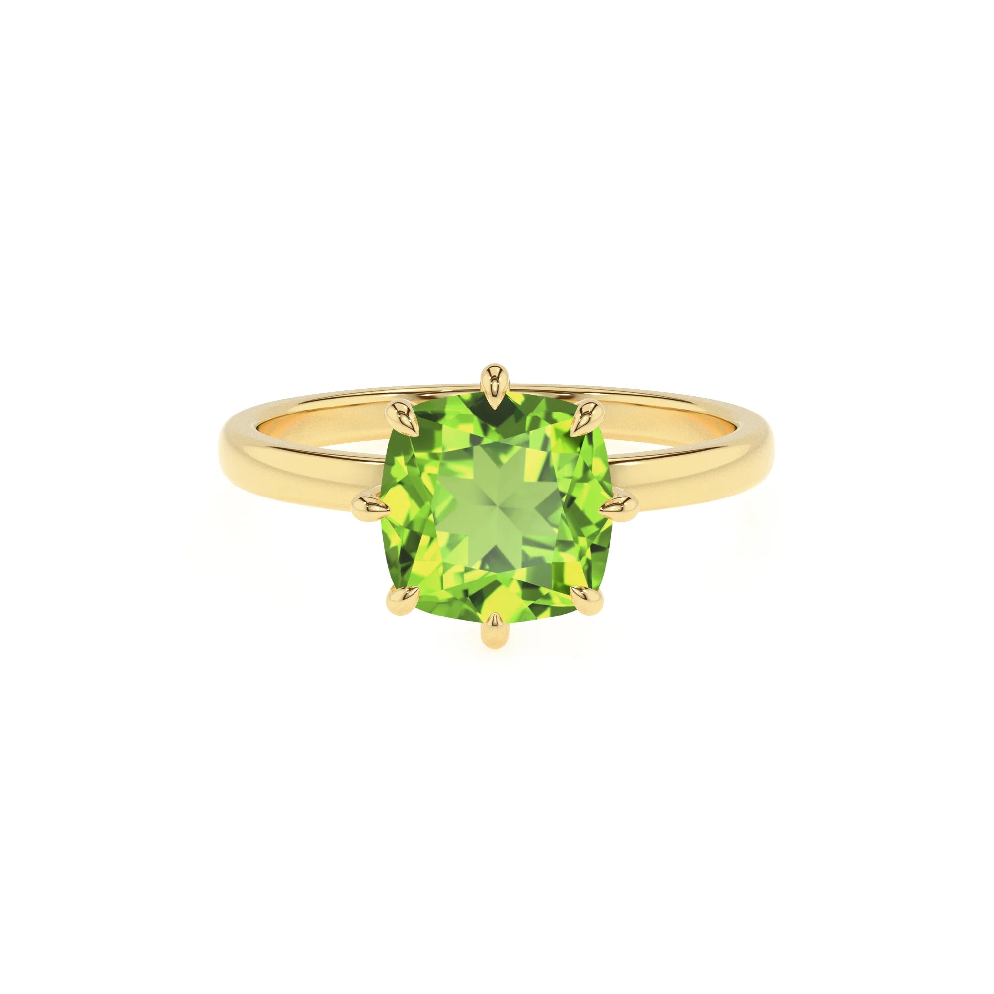 natural peridot cushion solitaire rings in yellow gold 