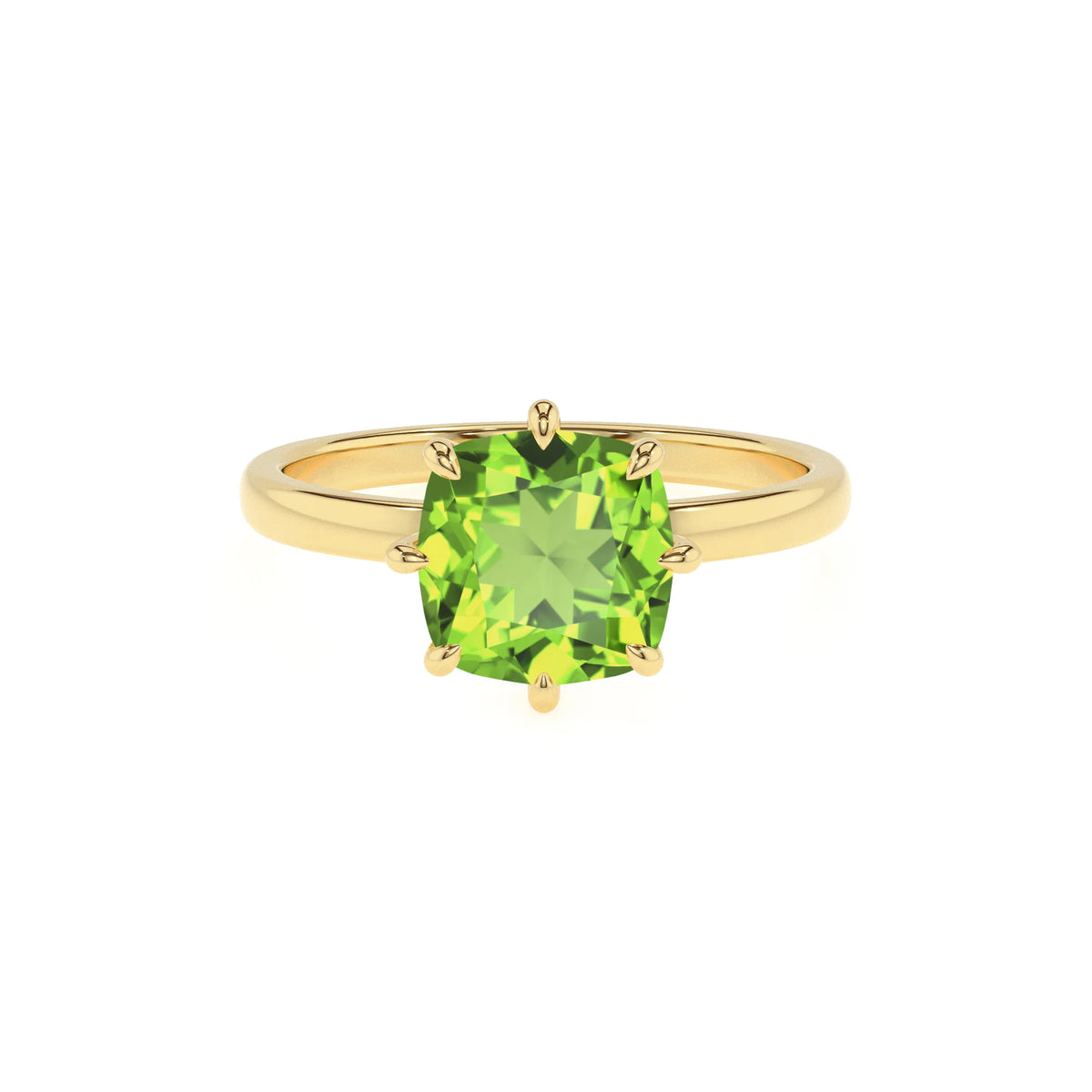natural peridot cushion solitaire rings in yellow gold 