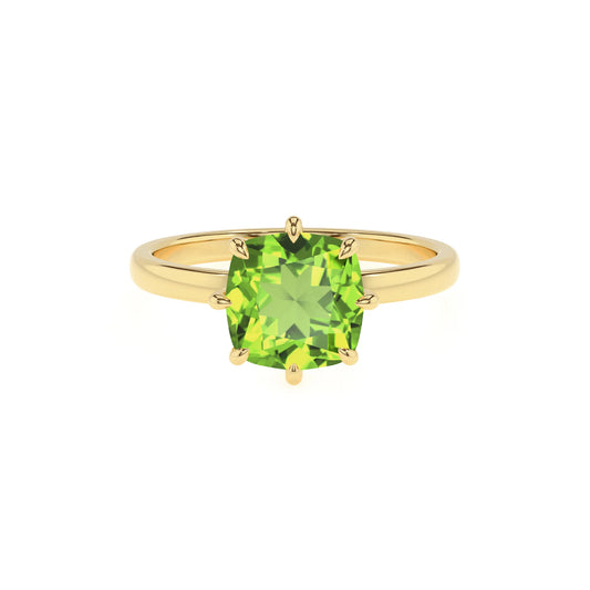 natural peridot cushion solitaire rings in yellow gold 