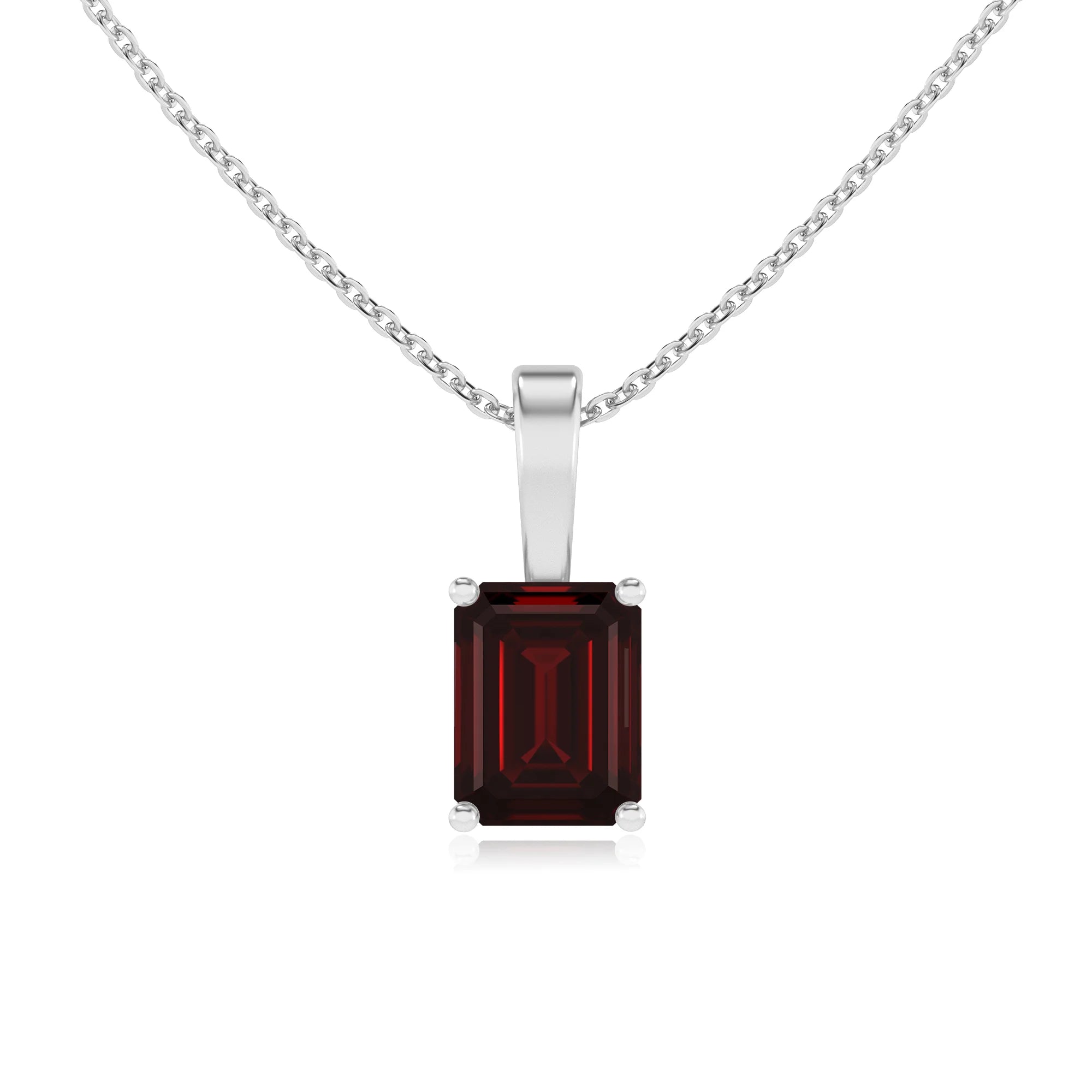 natural garnet emerald cut solitaire necklaces in platinum 