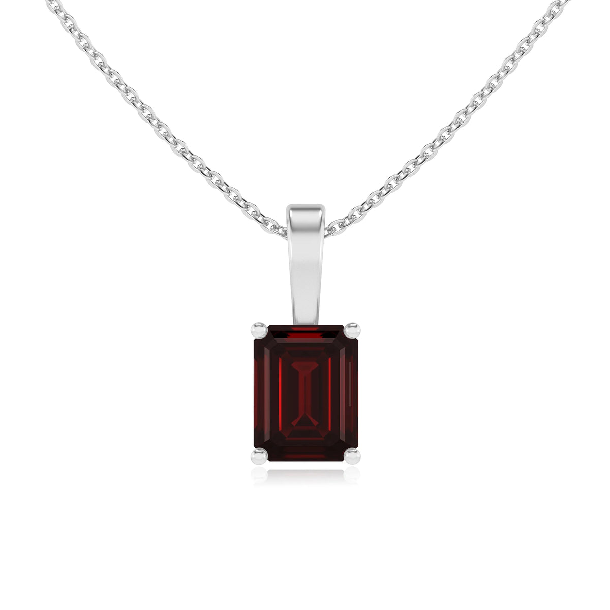 natural garnet emerald cut solitaire necklaces in platinum 