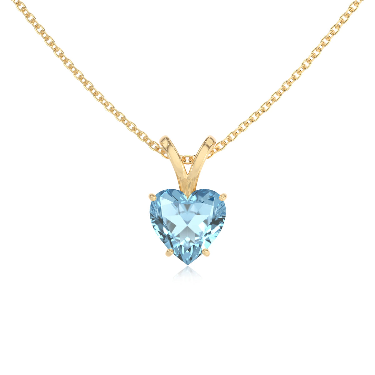 lab grown aquamarine heart solitaire v-bale necklaces in yellow gold 