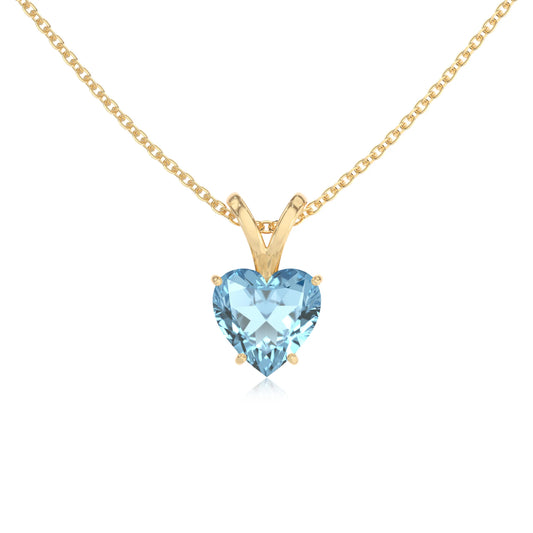lab grown aquamarine heart solitaire v-bale necklaces in yellow gold 