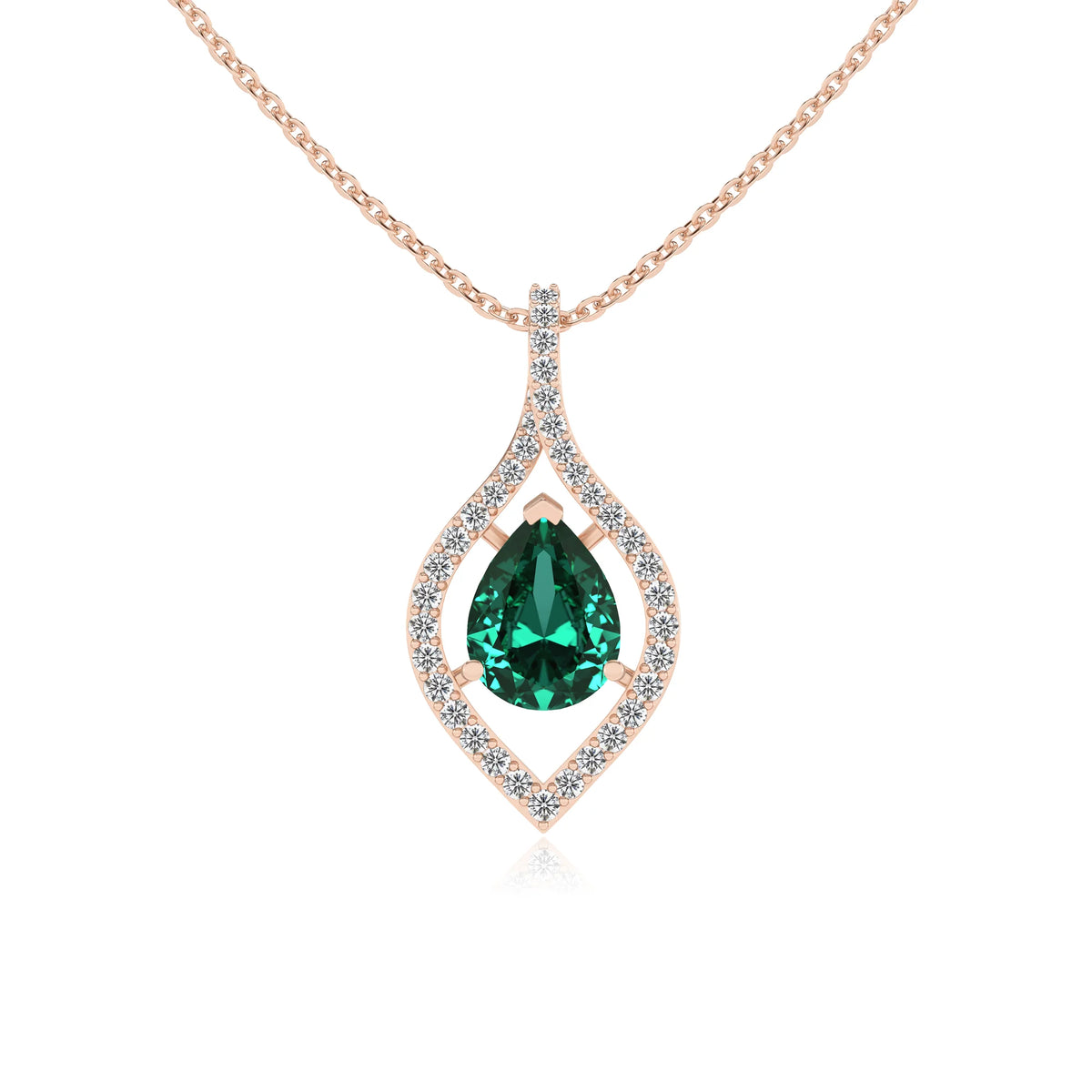 lab grown emerald pear infinity necklaces in rose gold 