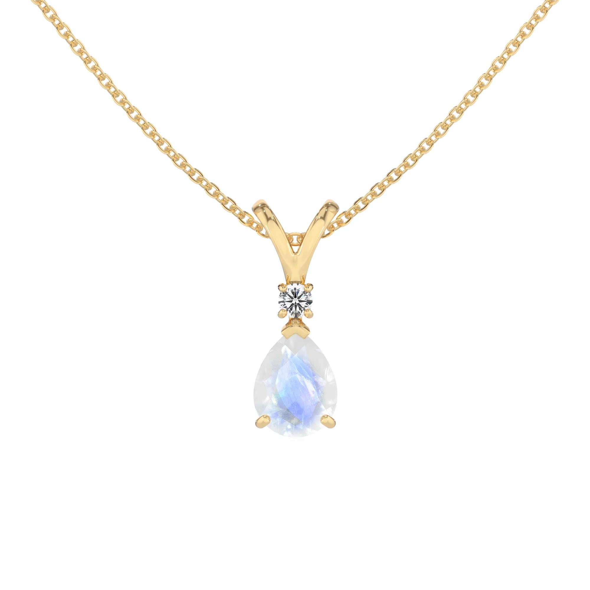 natural rainbow-moonstone pear solitaire v-bale necklaces in yellow gold 