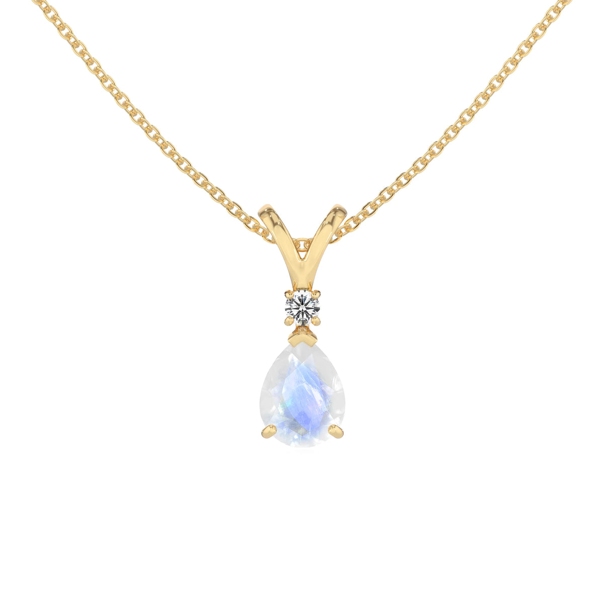 natural rainbow-moonstone pear solitaire v-bale necklaces in yellow gold 