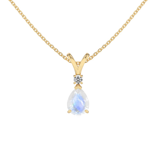 natural rainbow-moonstone pear solitaire v-bale necklaces in yellow gold 