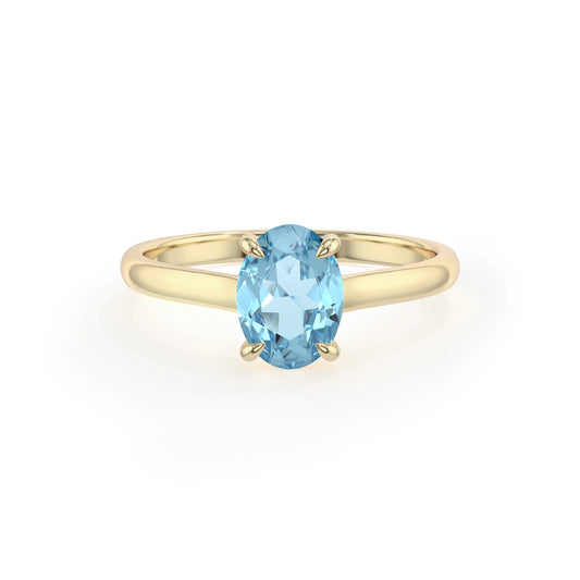lab grown aquamarine oval solitaire rings in yellow gold 