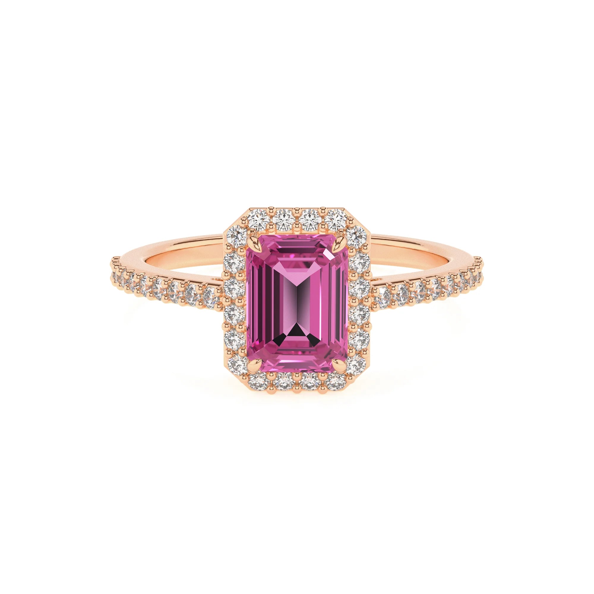 lab grown pink-sapphire emerald cut solitaire rings in rose gold 