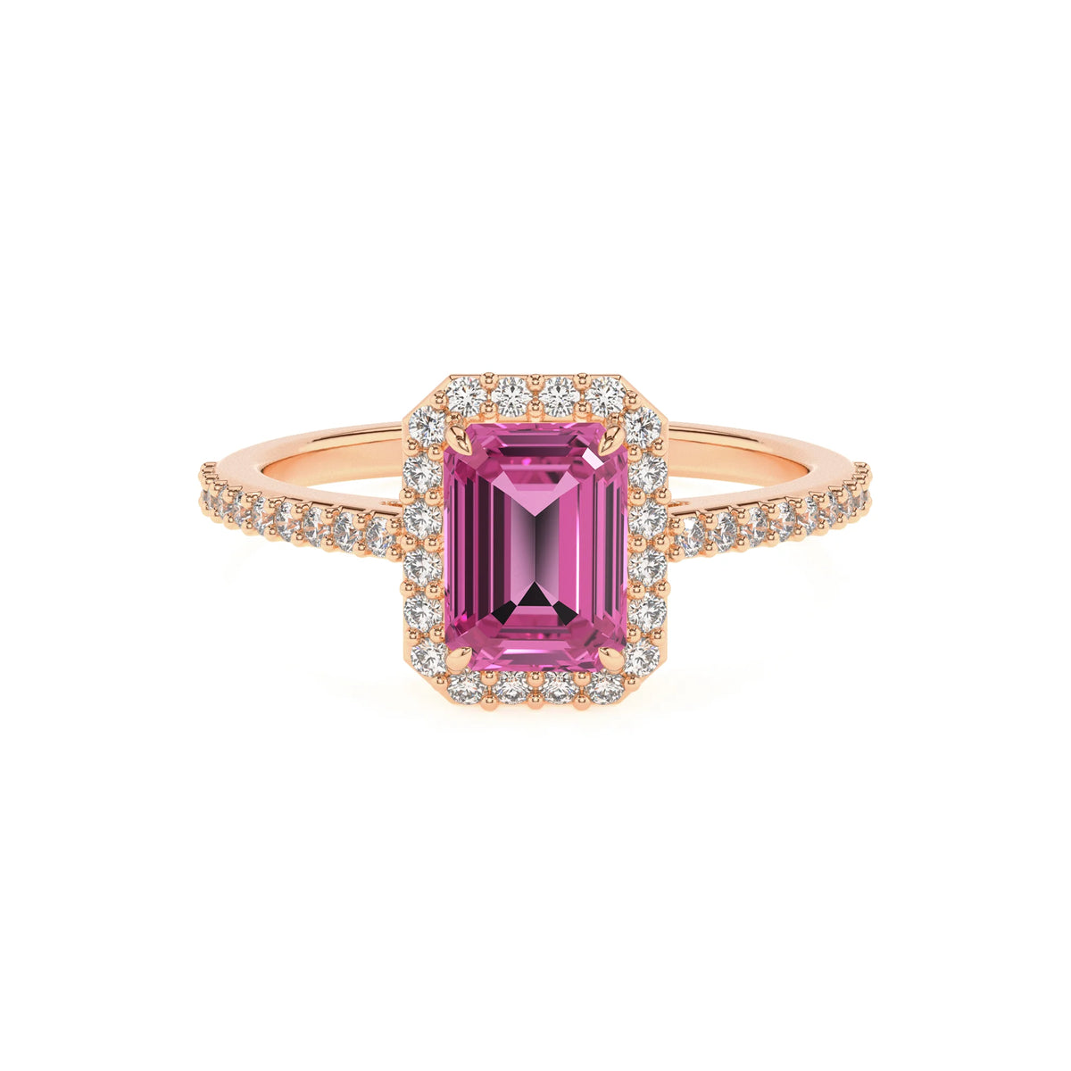 lab grown pink-sapphire emerald cut solitaire rings in rose gold 