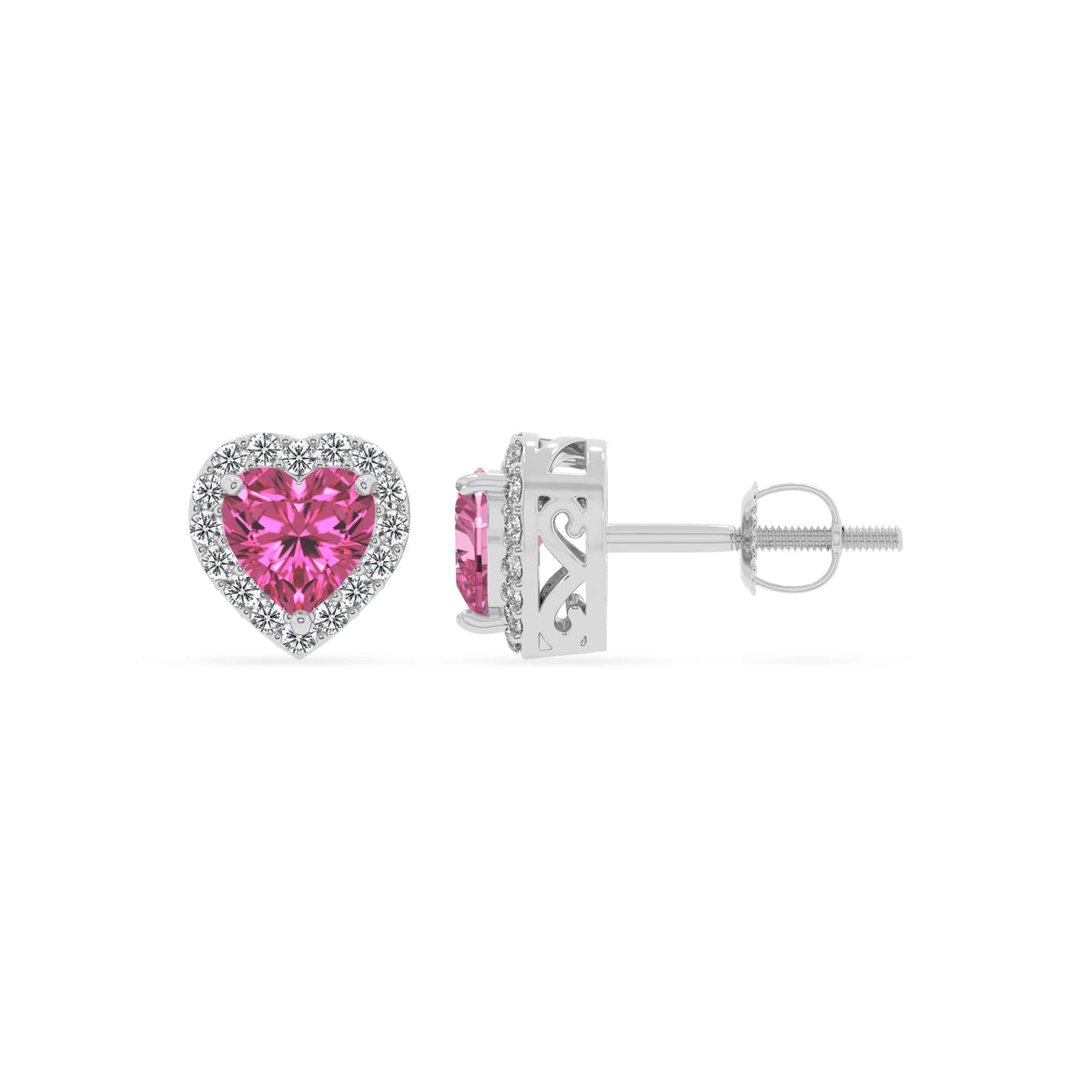 lab grown pink sapphire heart stud earrings in sterling silver 