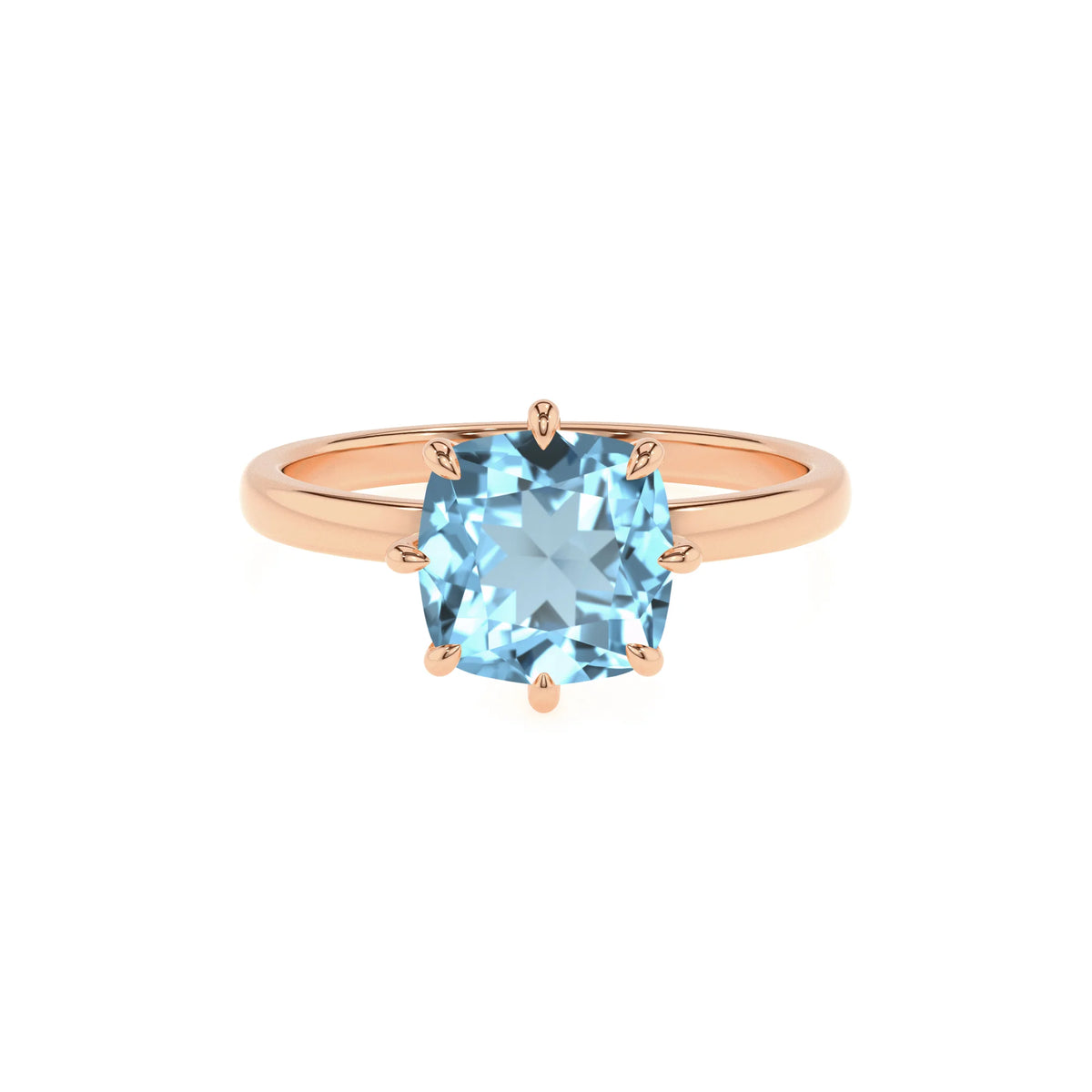 lab grown aquamarine cushion solitaire rings in rose gold 