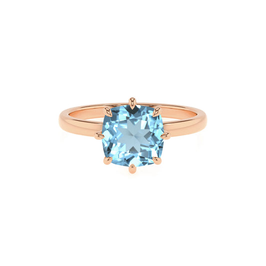 lab grown aquamarine cushion solitaire rings in rose gold 